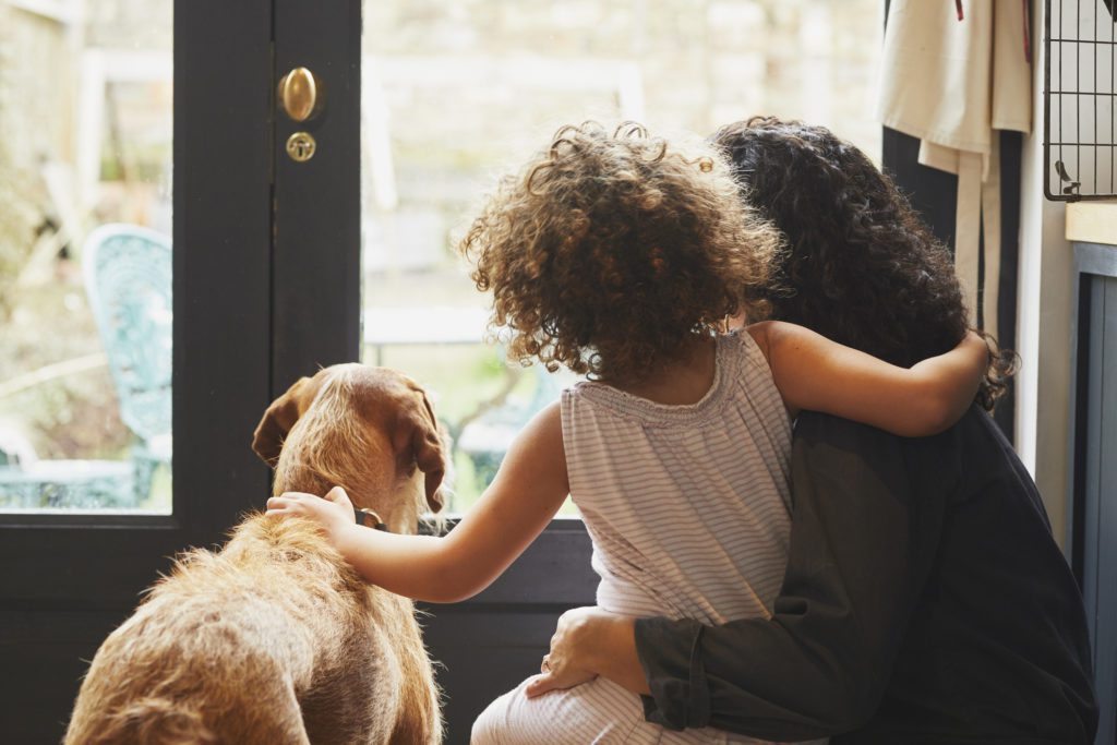 Back view of mixed race mother and Young daughter with dog looking out of kitchen window